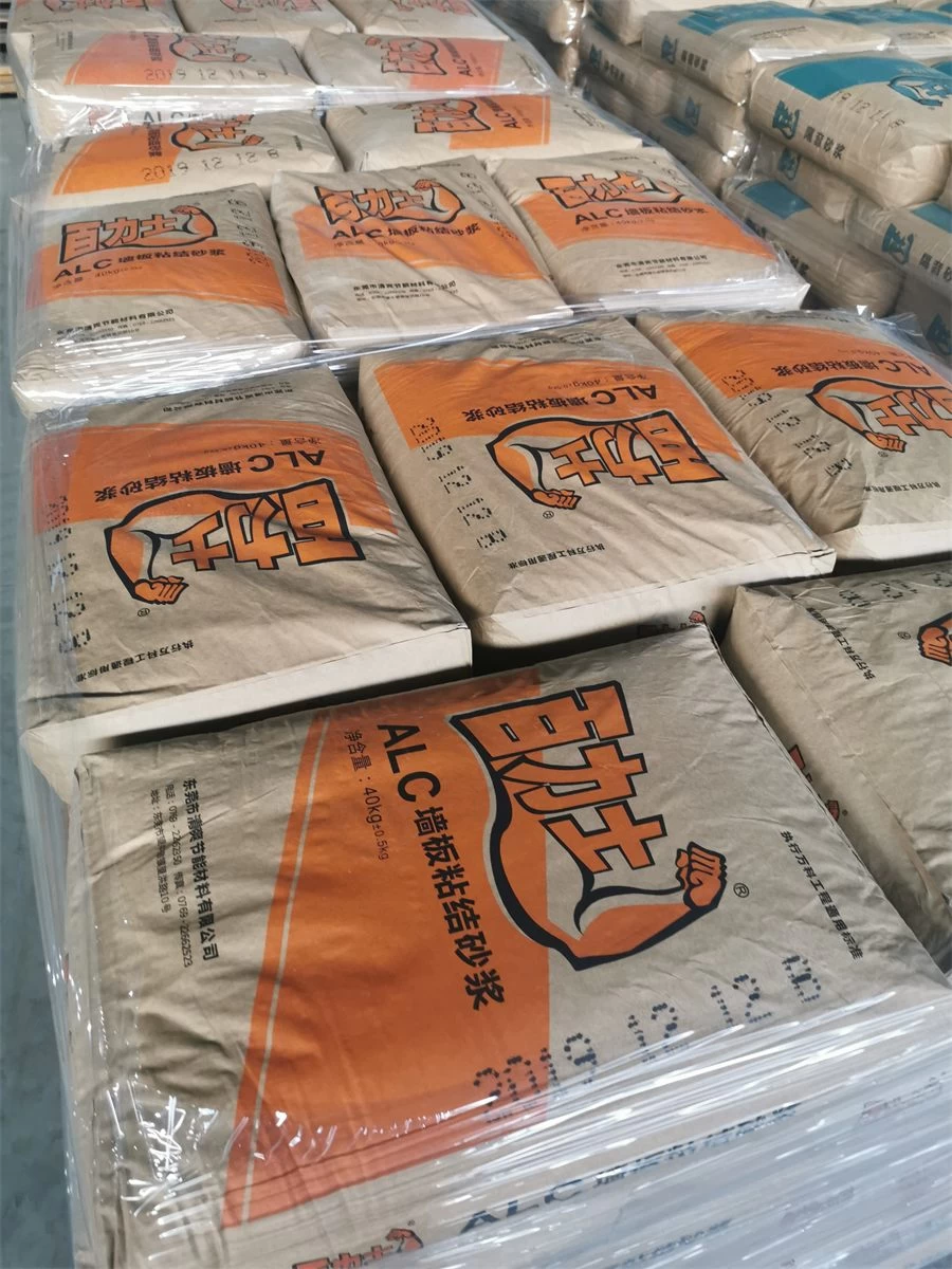 Bags of ALC wall panel adhesive mortar stacked for shipment