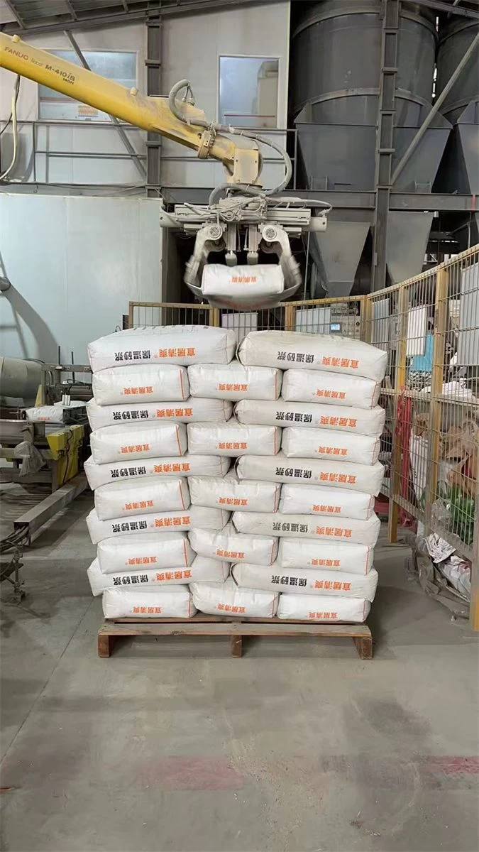 Close view of thermal insulation mortar bags in storage