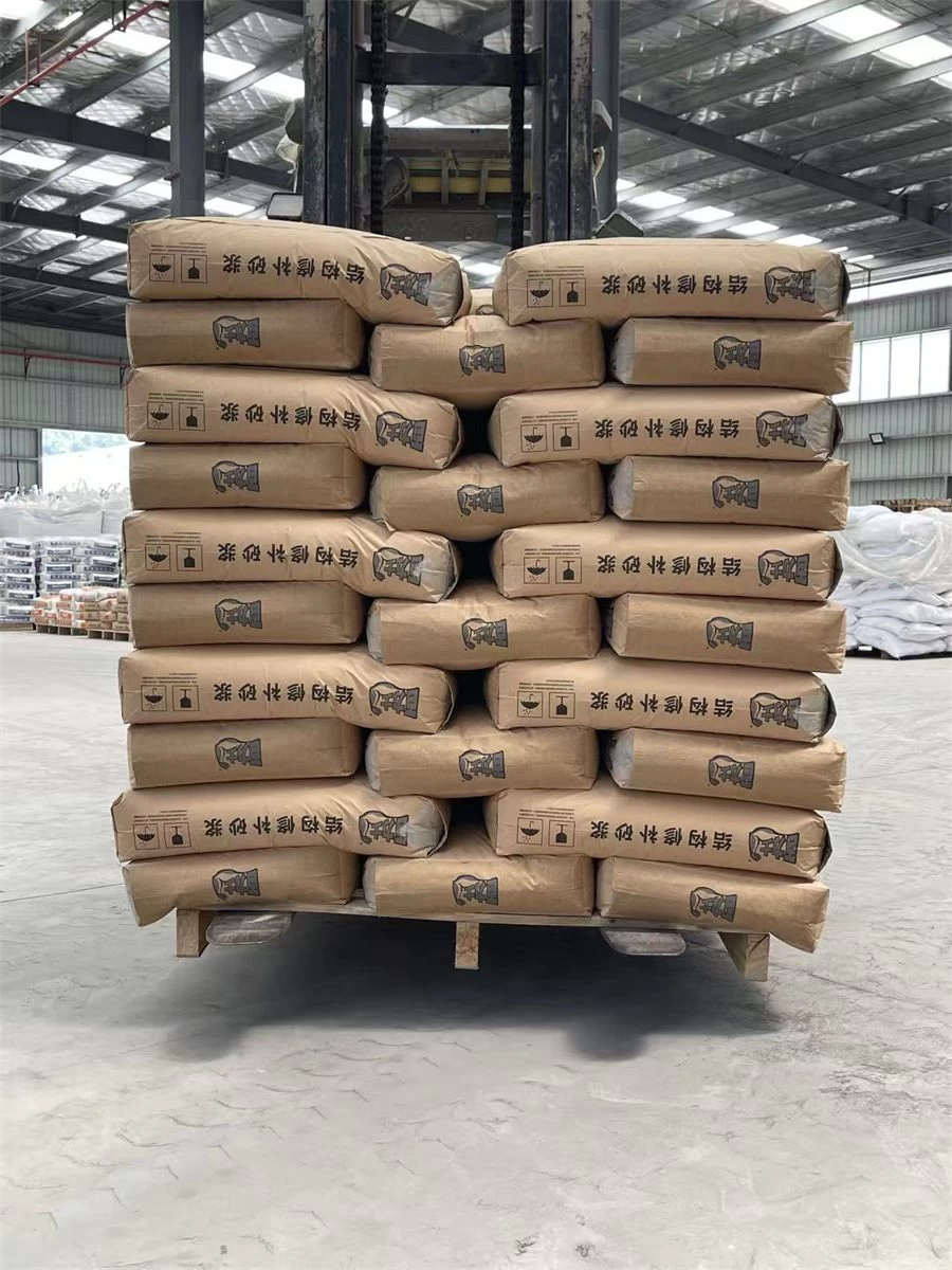 Pallet of structural repair mortar bags inside a warehouse