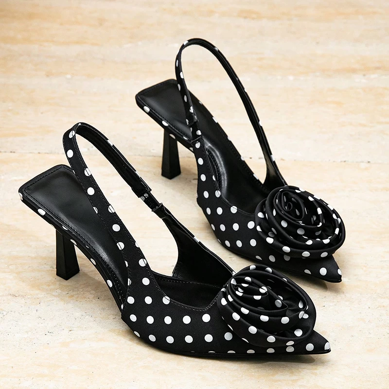 Women’s Polka Dot Satin Rose High-Heel Pumps
