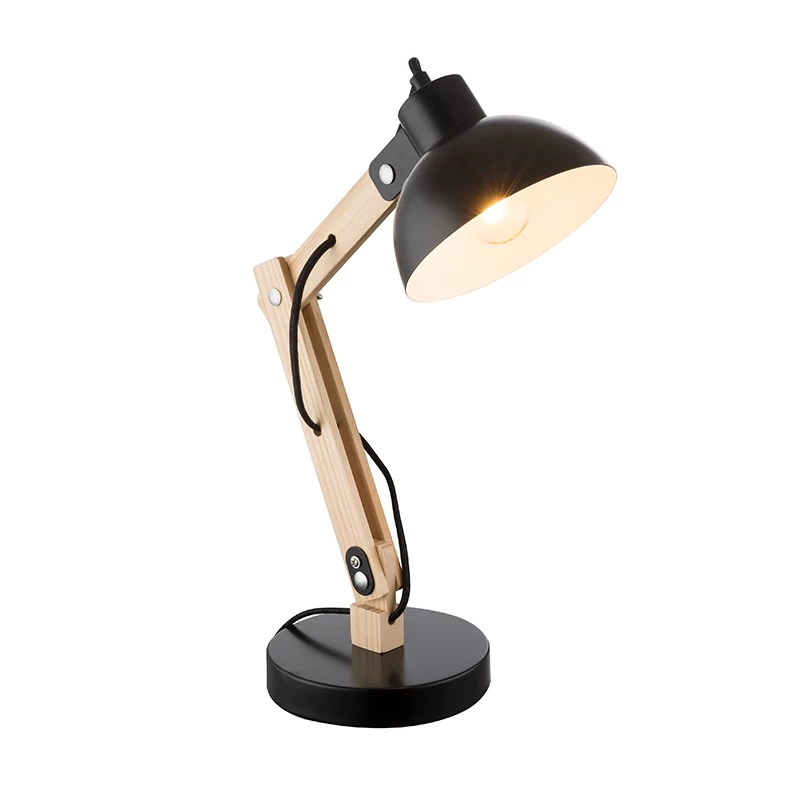 21066T Wooden Table Lamp with Black Metal Frame and Braided Cord