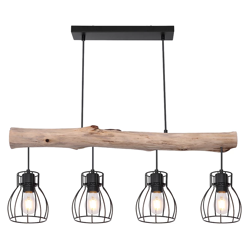 16456-4 Natural Wood and Matte Black 4-Light Wire Cage Pendant Light