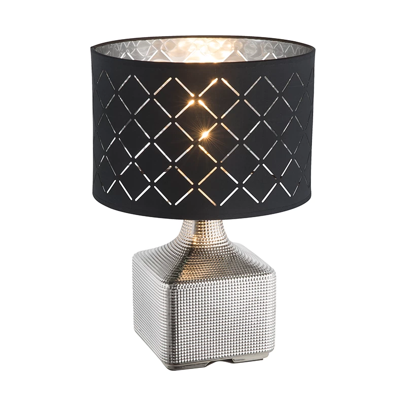 16028T Silver Ceramic Table Lamp with Gray and Silver Cutout Fabric Shade