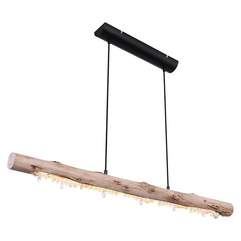 18562-15 Natural Wood Linear LED Pendant Light with Crystal Decorations, 15W 3000K