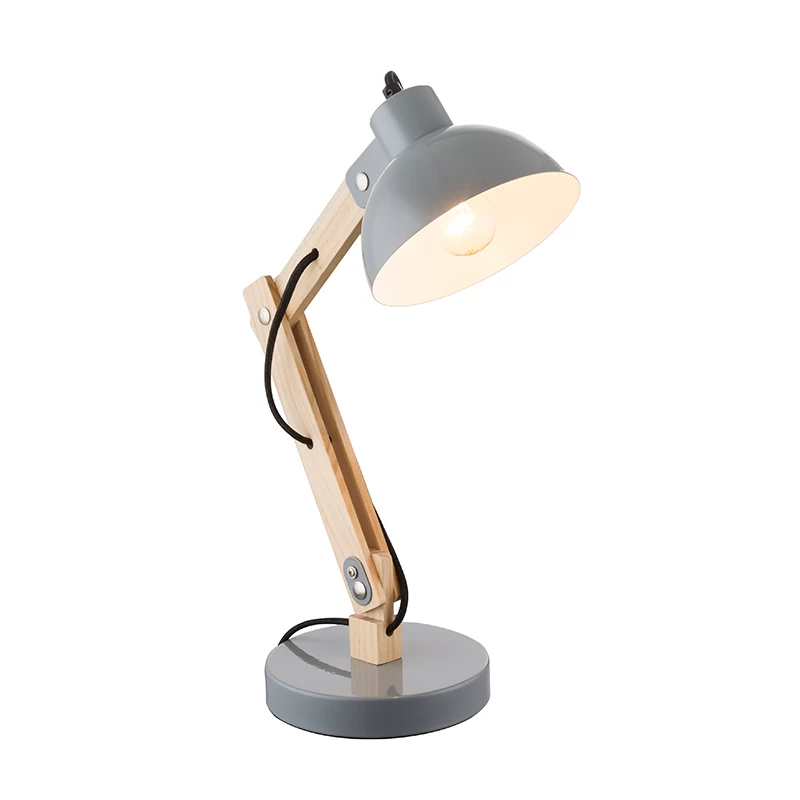 21066T Wooden Table Lamp with Black Metal Frame and Braided Cord