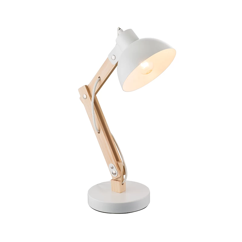 21066T Wooden Table Lamp with Black Metal Frame and Braided Cord