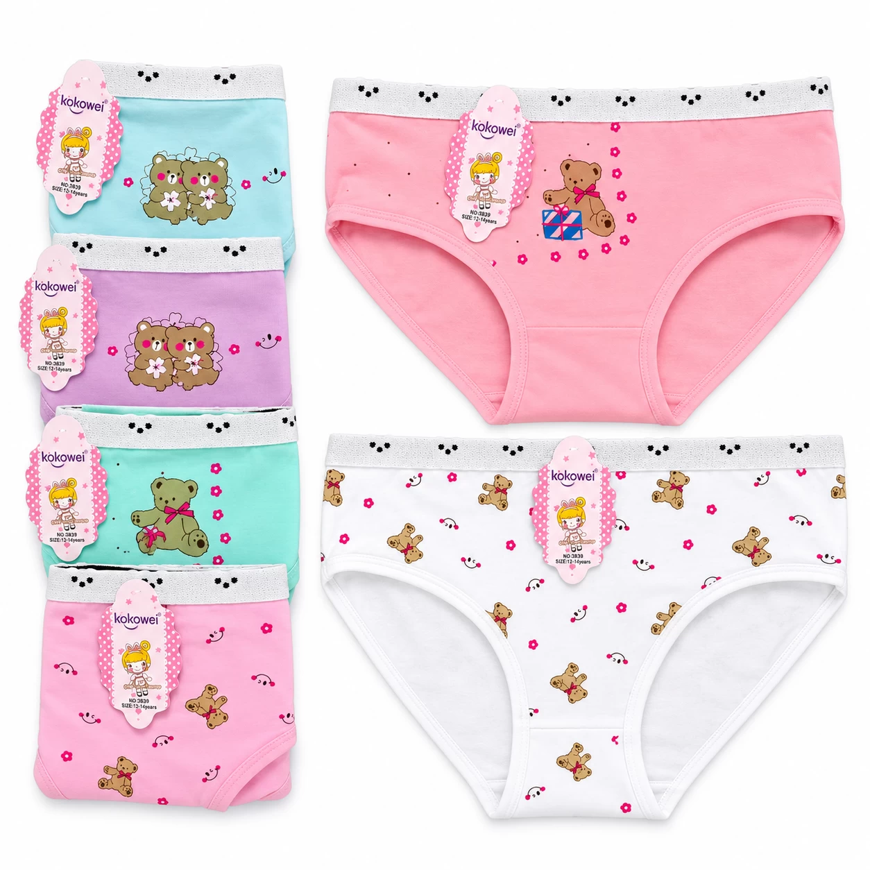 Girls’ Cat-Head Cotton Briefs with Exposed Elastic Waistband