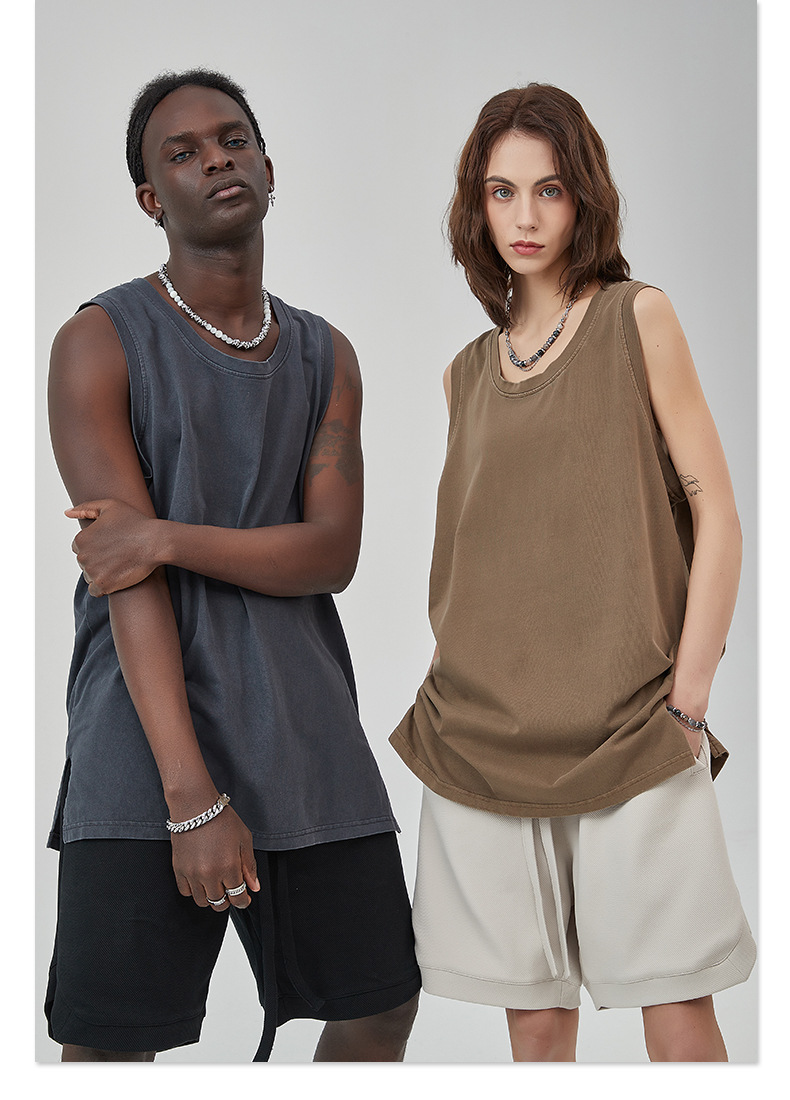TT5038 High Quality Streetwear Style Custom 275g 100% Cotton Men Tank Top Slit Hem Wax Print Washed Tank Top