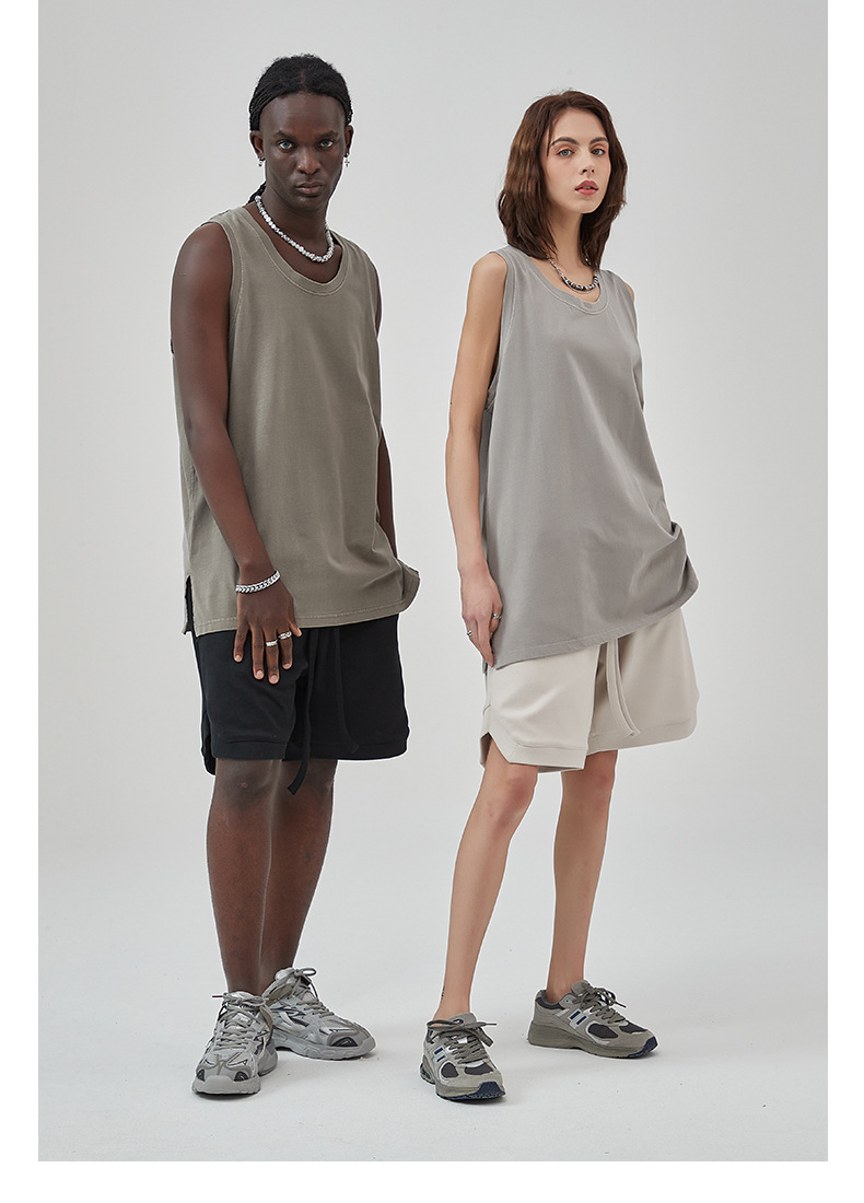 TT5038 High Quality Streetwear Style Custom 275g 100% Cotton Men Tank Top Slit Hem Wax Print Washed Tank Top