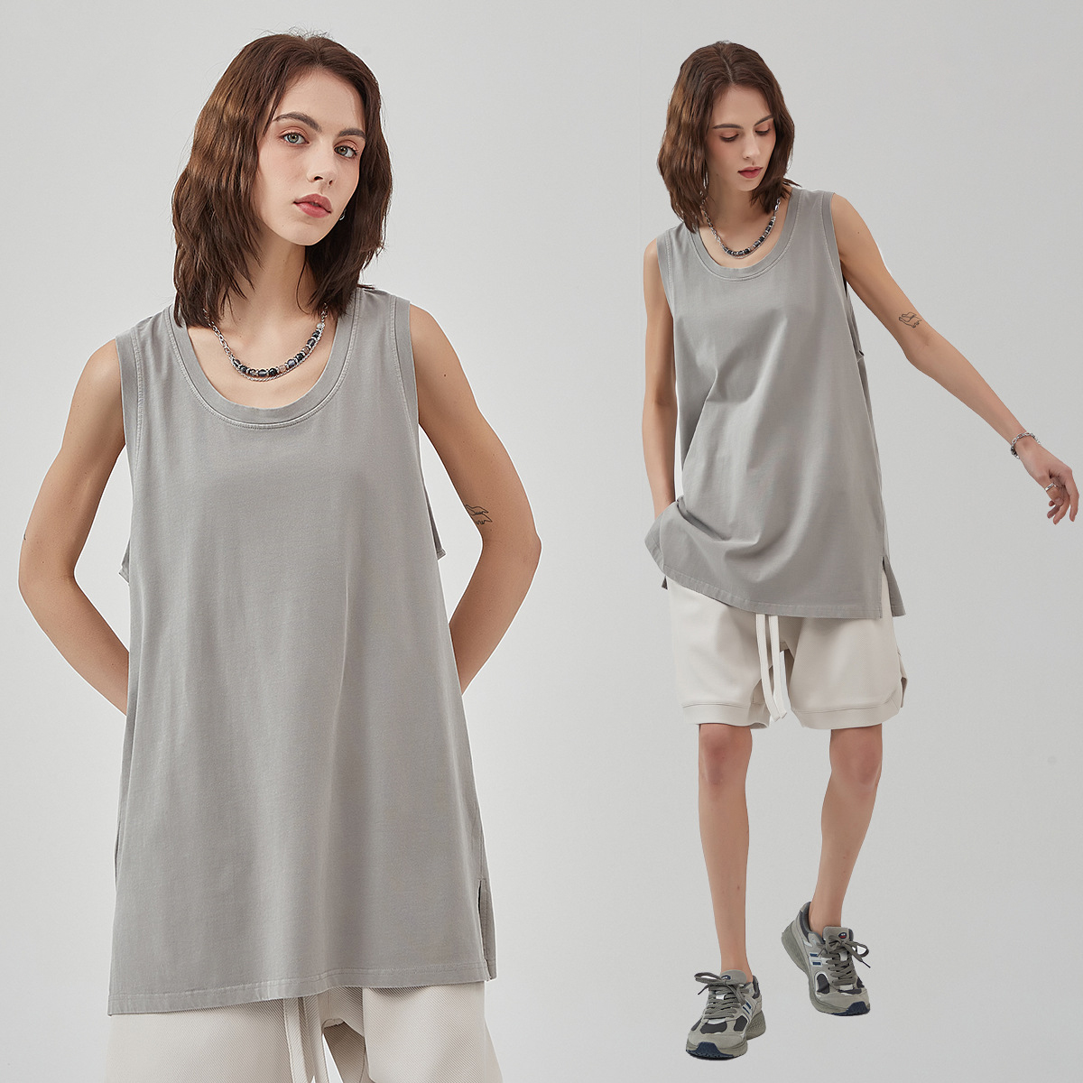TT5038 High Quality Streetwear Style Custom 275g 100% Cotton Men Tank Top Slit Hem Wax Print Washed Tank Top