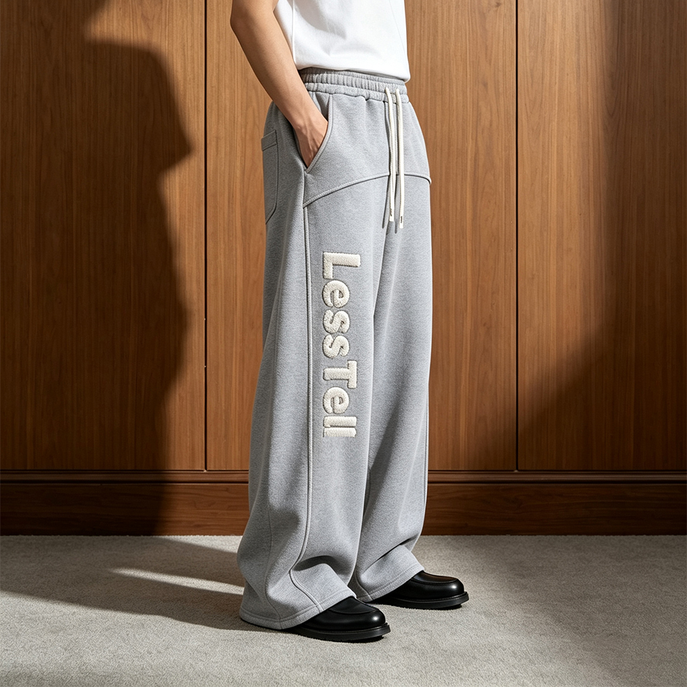 LTD-MTR1040 Chenille Patch Sweatpants Front Yoke Seams Drawstring Waist French Terry Wide Leg Clothing Manufacturer