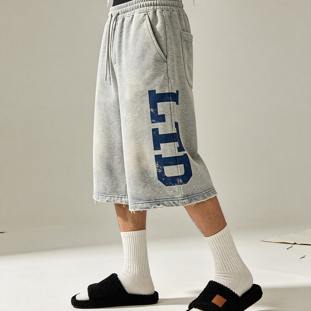 LTD-MTR1041 Raw-Hem Sweatpants with Distressed Letter Print, Fleece Fabric, Knee-Length Cut, Drawstring Waist and Reinforced Hem Stitching