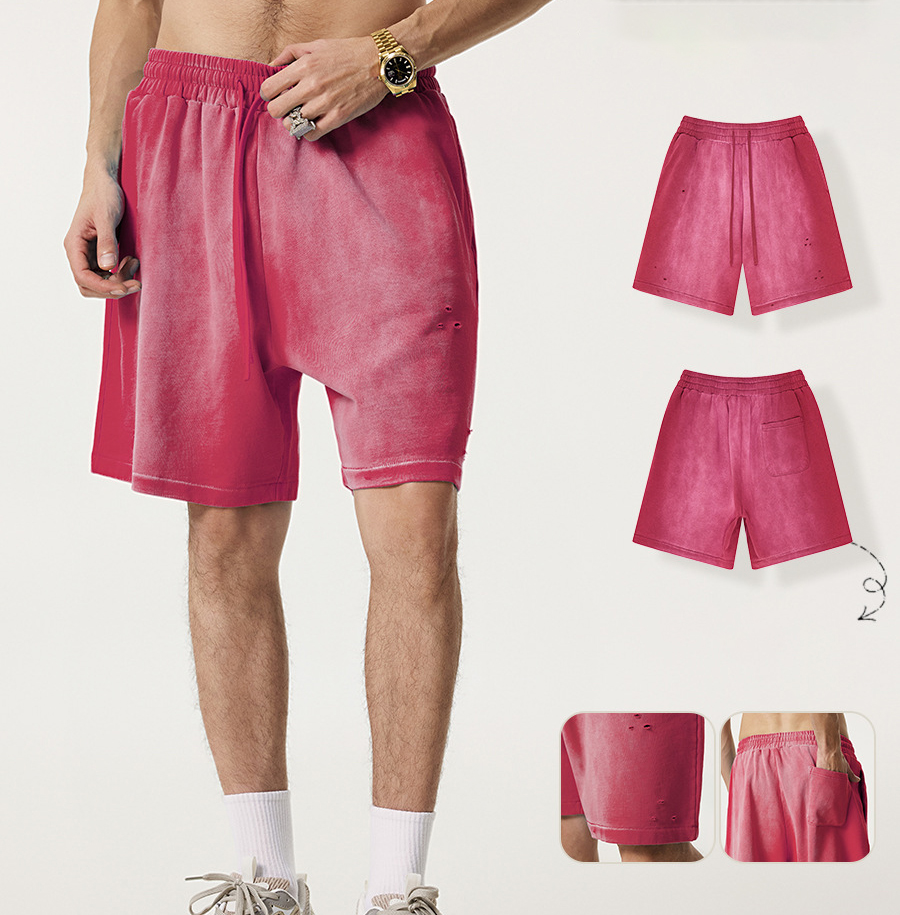 MTR3495 Wholesale Custom 330 Grams 100% Cotton Distressed Acid Wash Shorts Vintage Men's Sweat Shorts