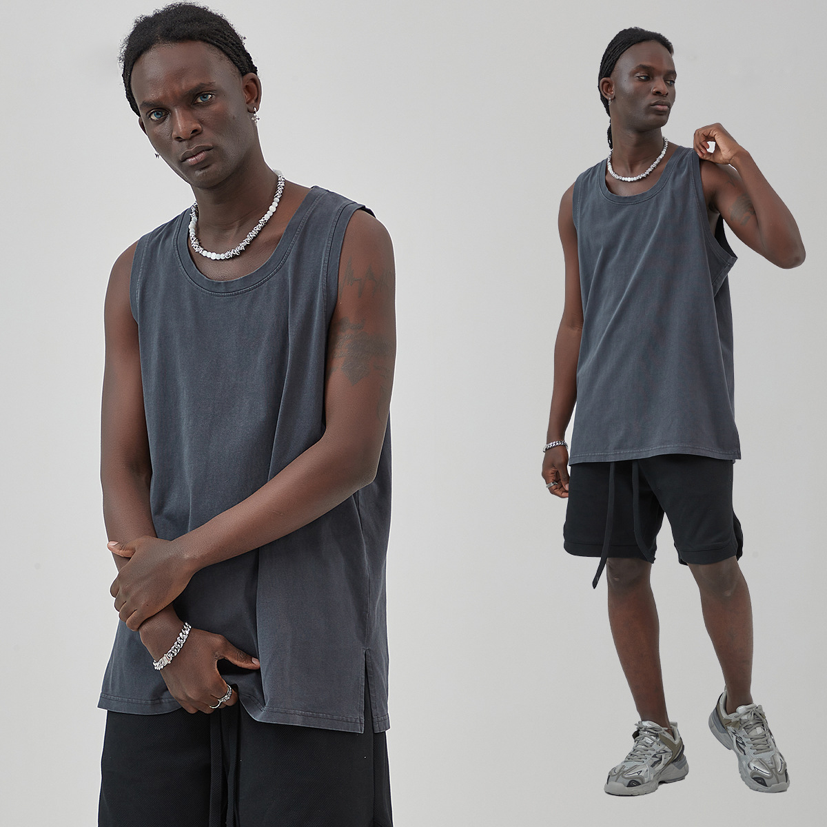TT5038 High Quality Streetwear Style Custom 275g 100% Cotton Men Tank Top Slit Hem Wax Print Washed Tank Top