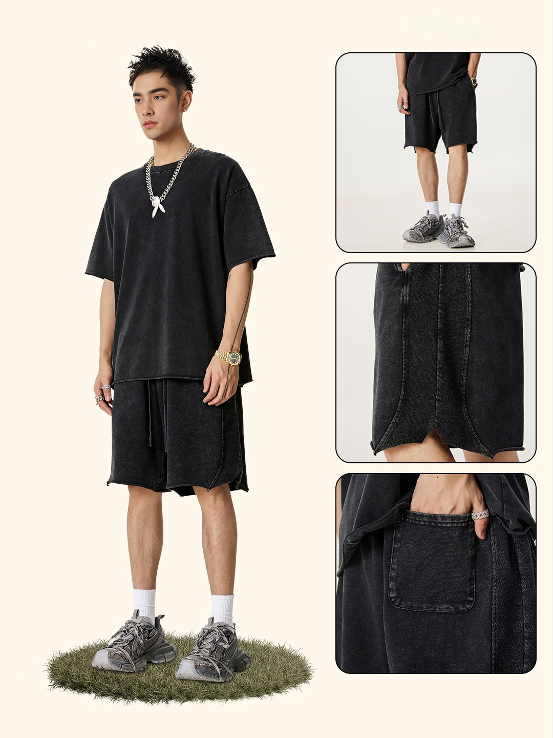MTR3502 Hot Sales New Arrivals Wholesale Custom 330 Gsm 100% Cotton Vintage Acid Wash Shorts for Men