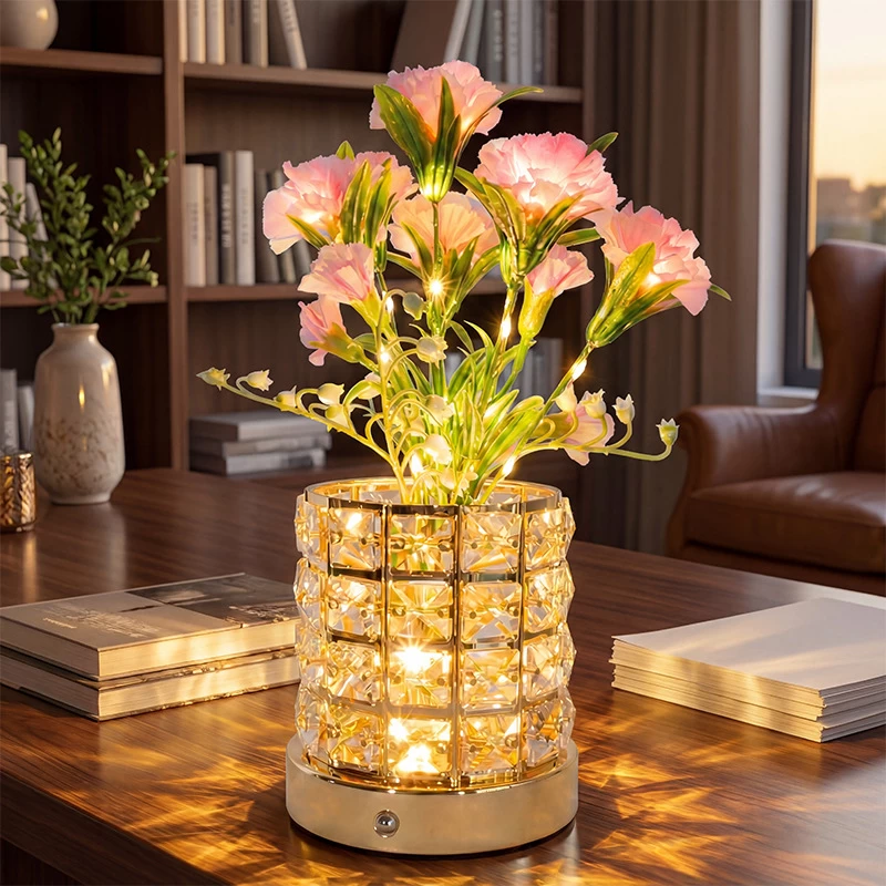 Three Color LED Carnation Lamp with Cylindrical Crystal Pot