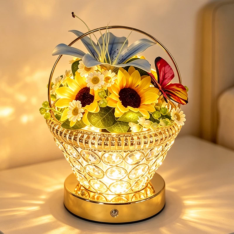 Three Color LED Sunflower Lily and Butterfly Crystal Flower Basket Lamp