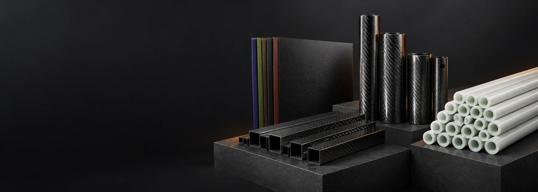 Carbon fiber tubes, sheets and fiberglass profiles — studio composition