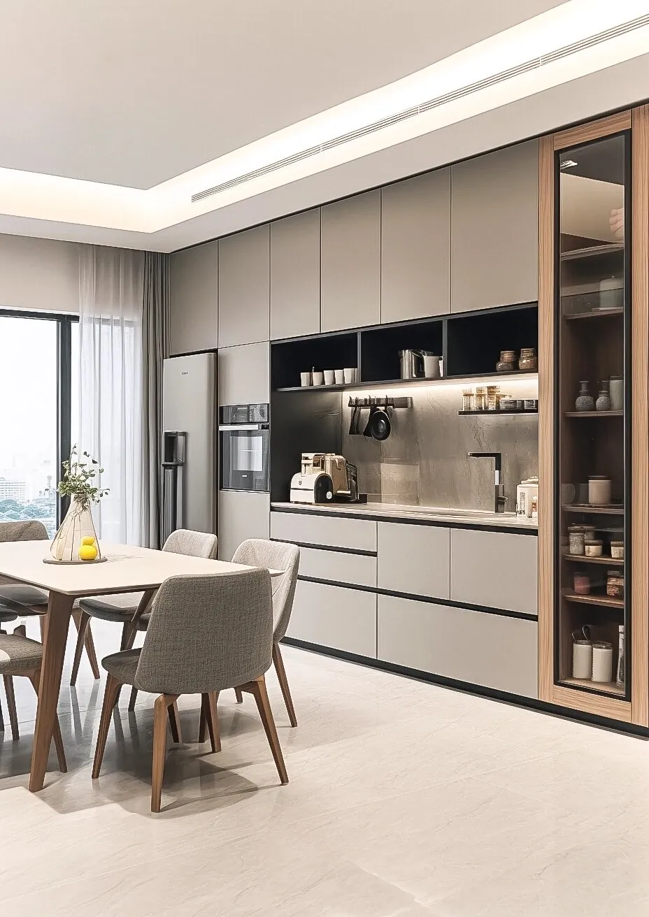 Light Neutral Open-Plan Kitchen Cabinets