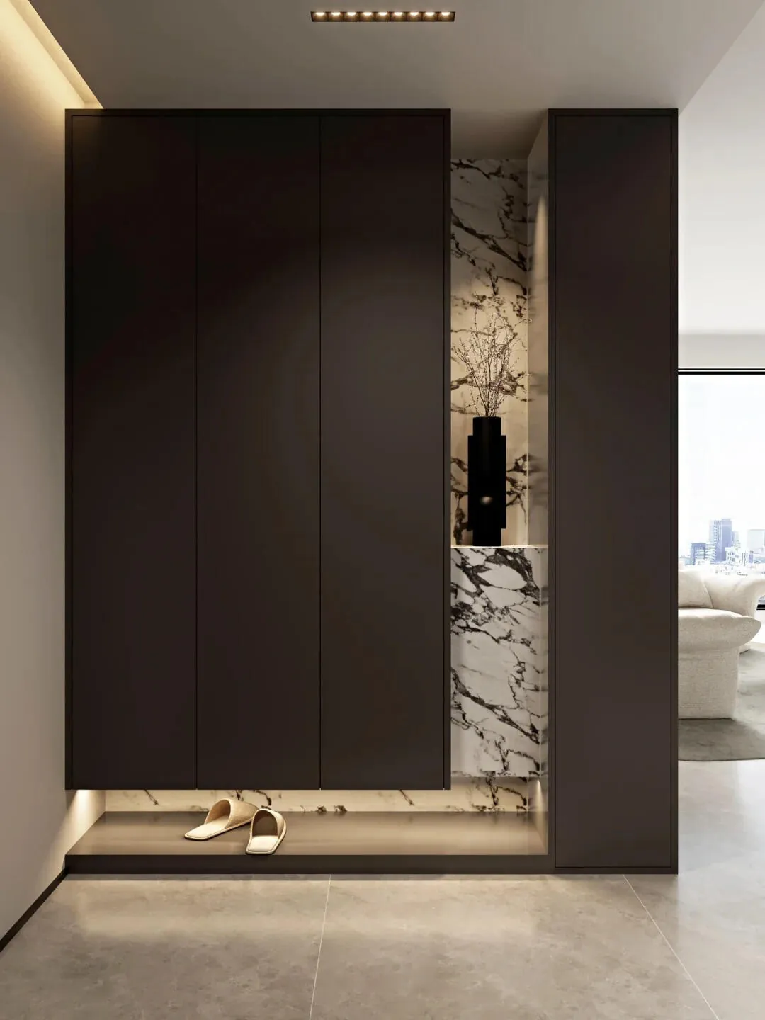 Dark Minimalist Entryway Cabinets