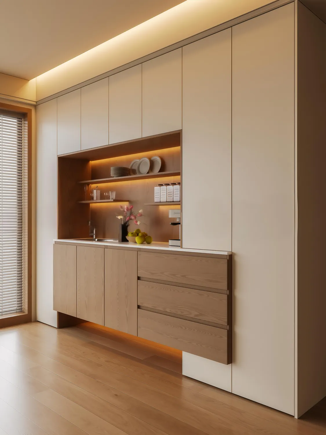 Cream and Woodgrain Niche Display & Sideboard Cabinets
