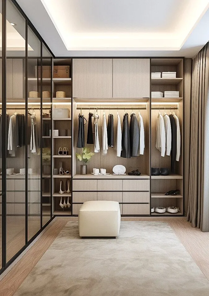 Glass Display and Ottoman Walk-in Closets