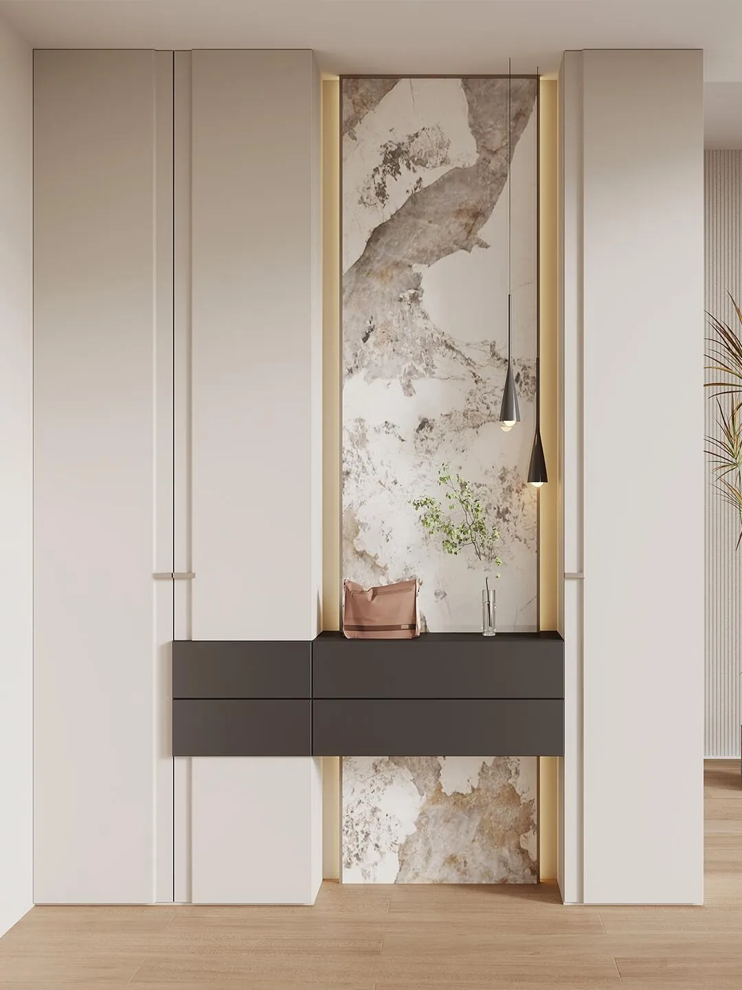 Cream Stone-Look Entryway Cabinets