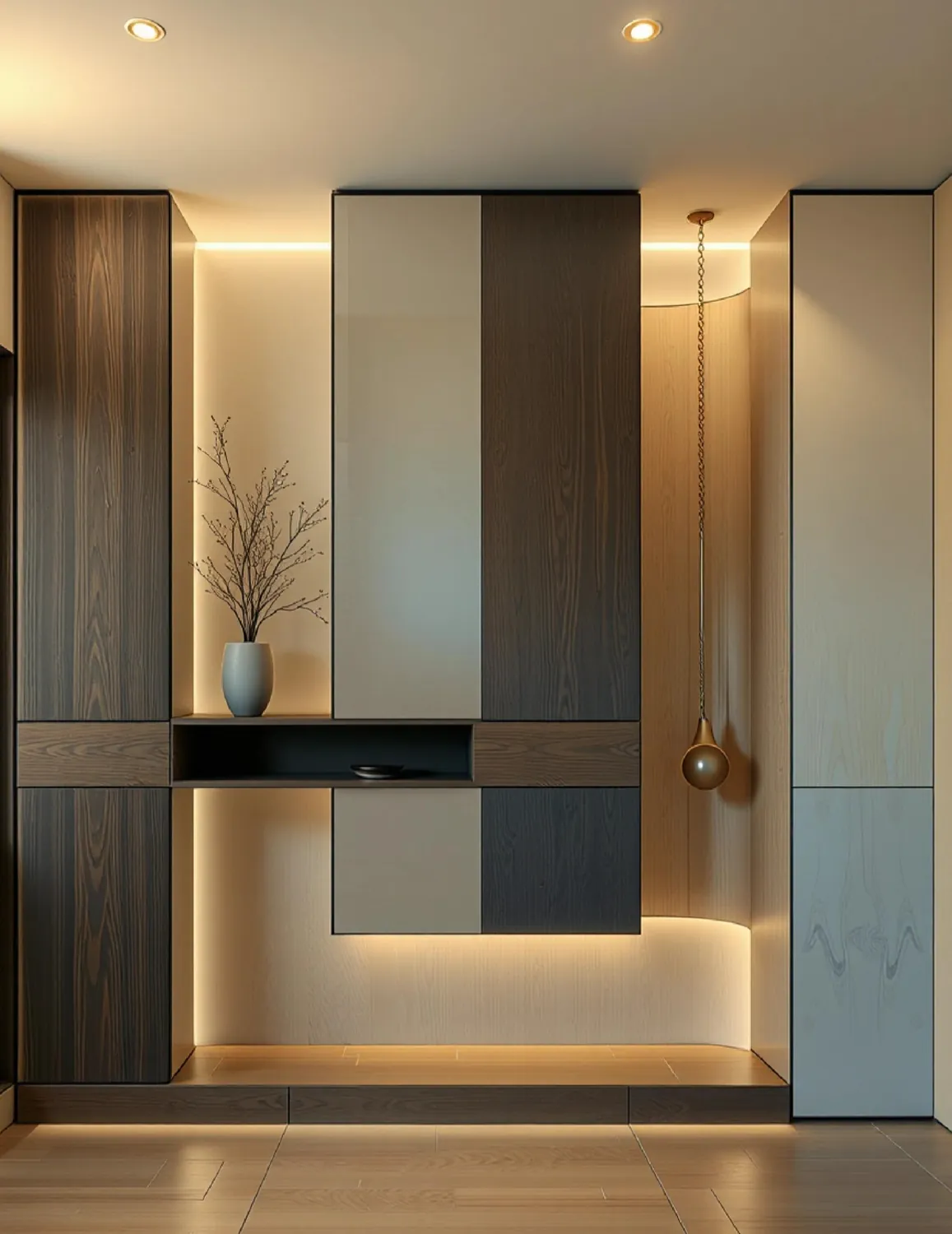 Grey and Woodgrain Entryway Cabinets