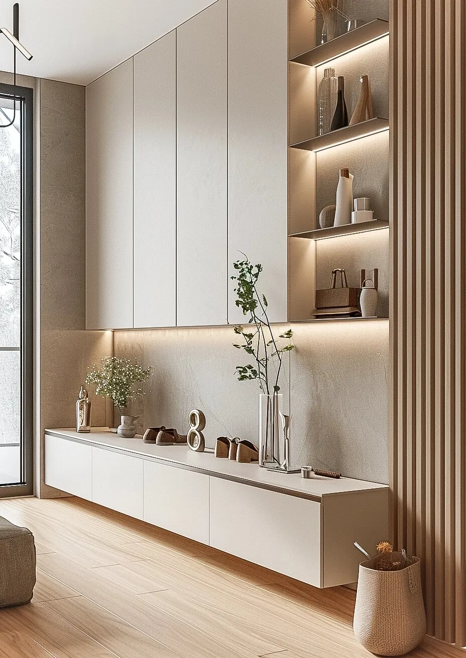 Floating Woodgrain Bench Shoe & Hallway Storage