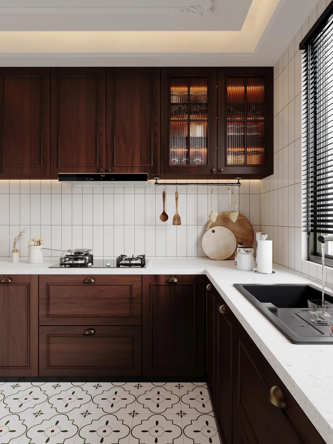 Classic Dark Woodgrain Kitchen Cabinets - design view 3