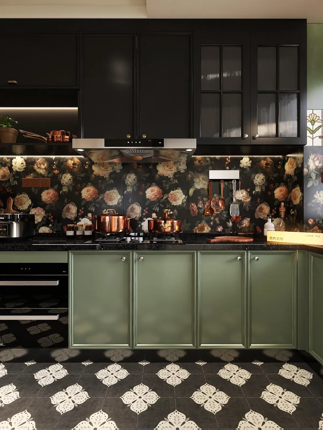 Deep Green Patterned Tile Kitchen Cabinets - design view 3