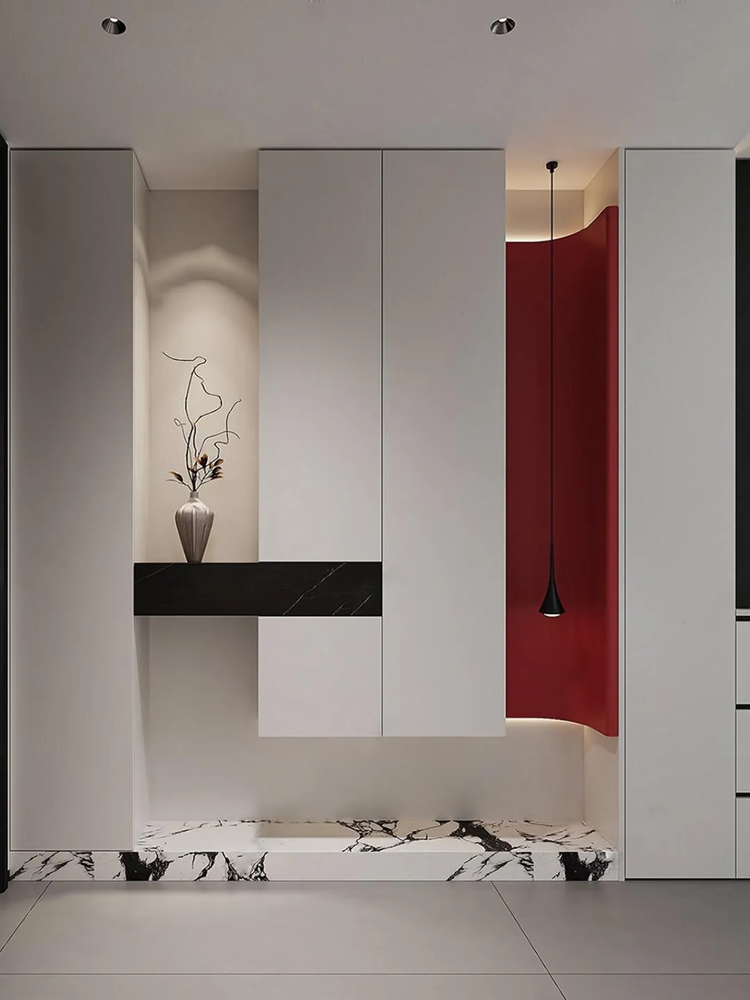 Red Accent Entryway Cabinets