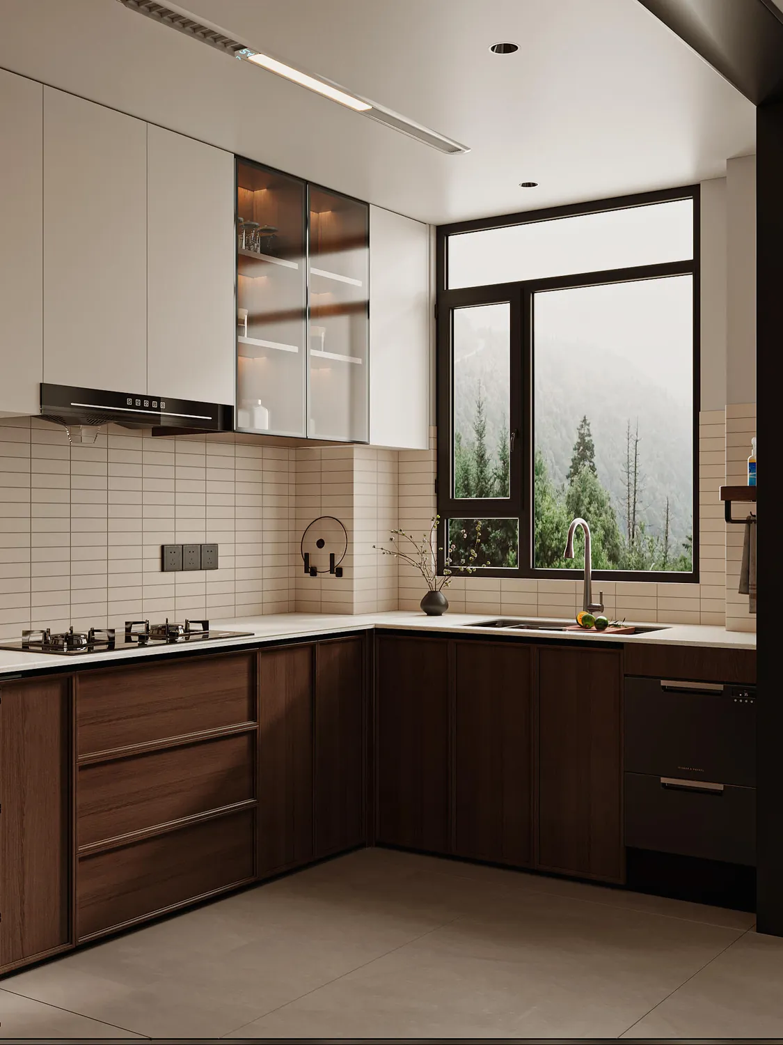 Warm Woodgrain L-Shaped Kitchen Cabinets - design view 2