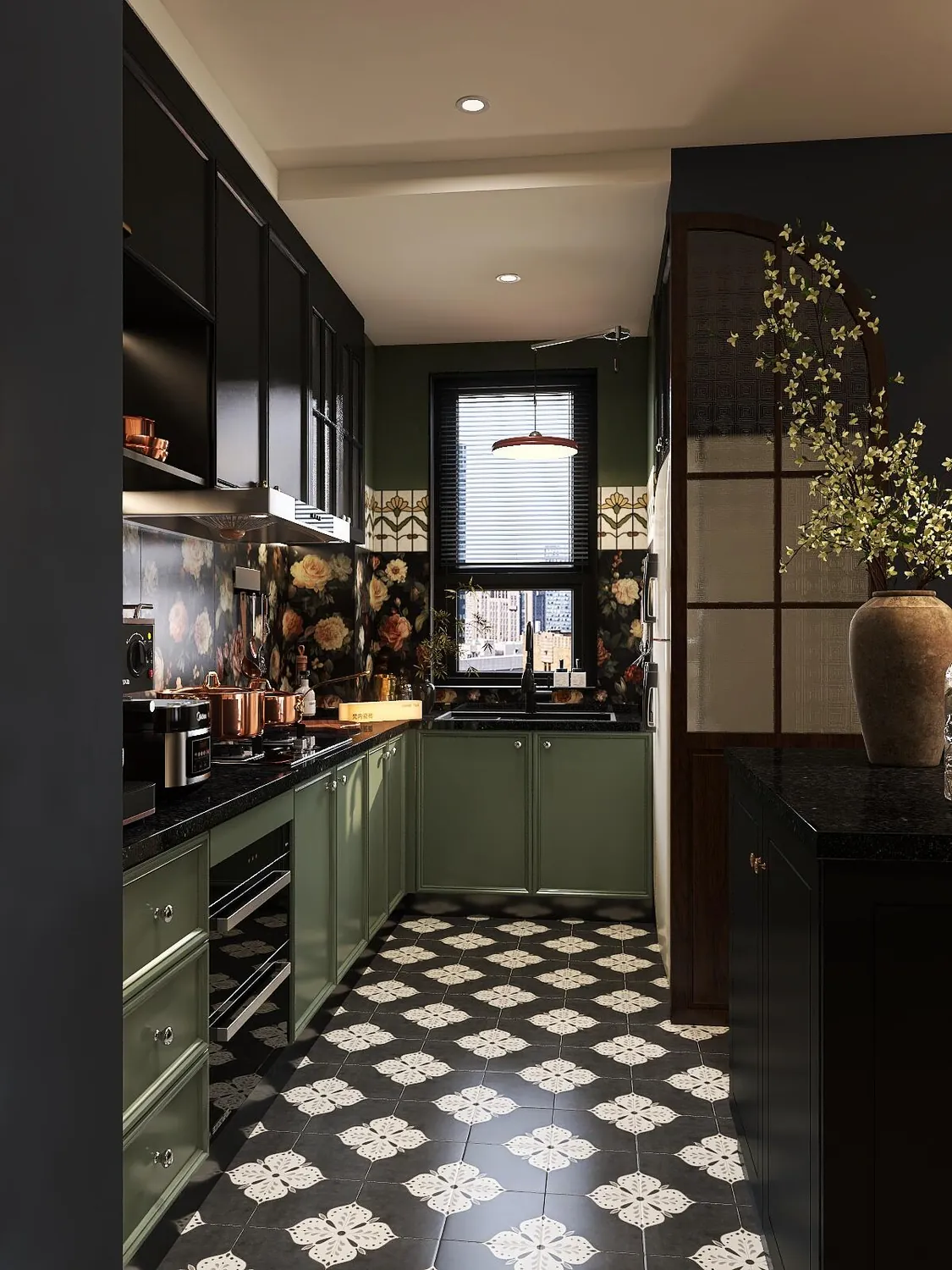 Deep Green Patterned Tile Kitchen Cabinets