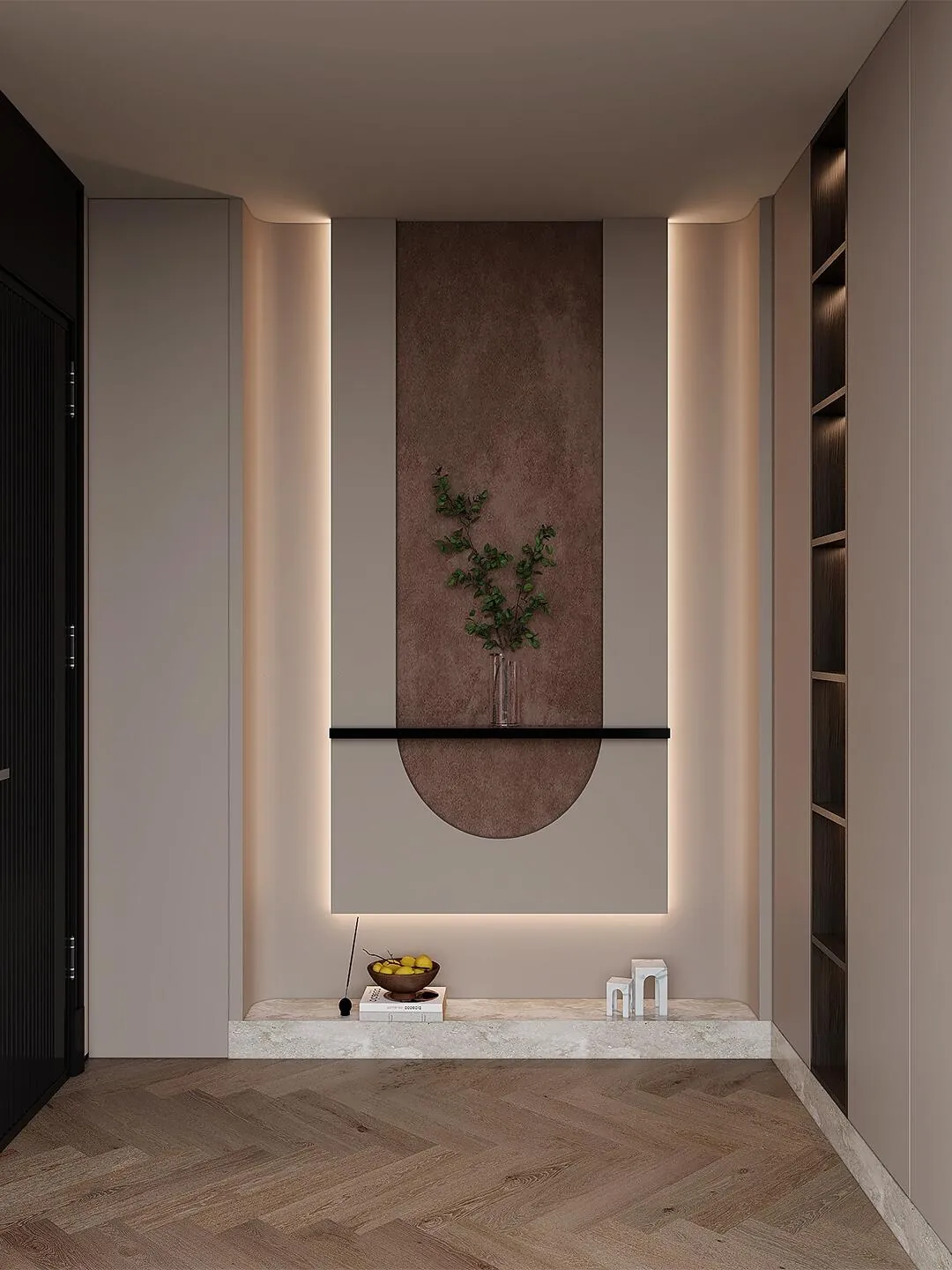Rounded Niche Entryway Cabinets