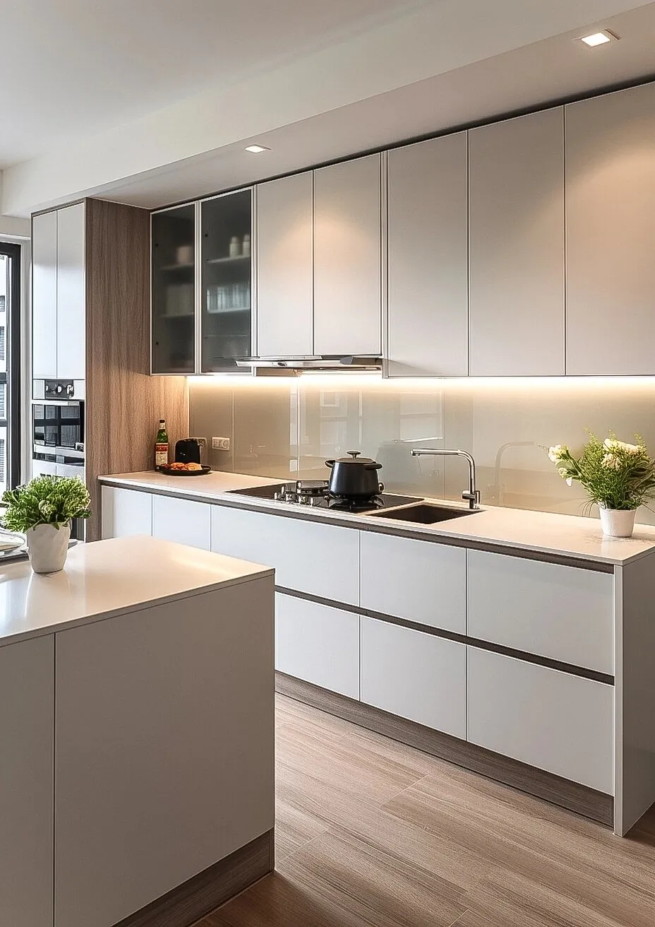 White Linear Kitchen Cabinets