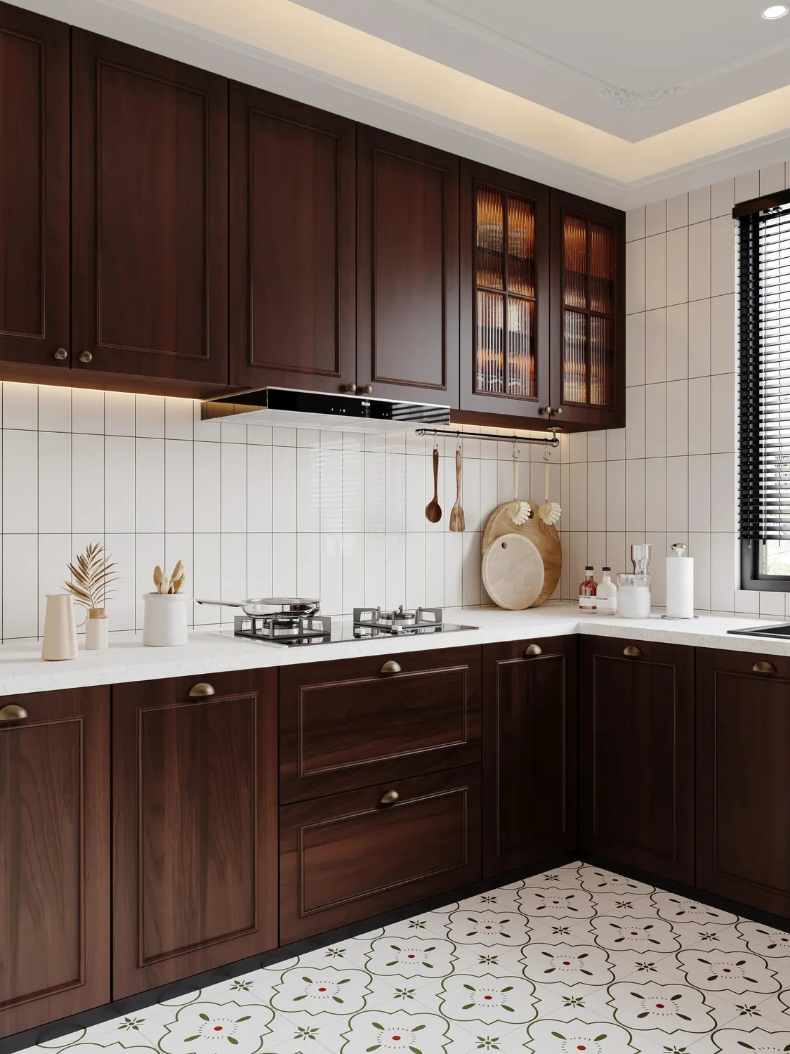 Classic Dark Woodgrain Kitchen Cabinets - design view 2