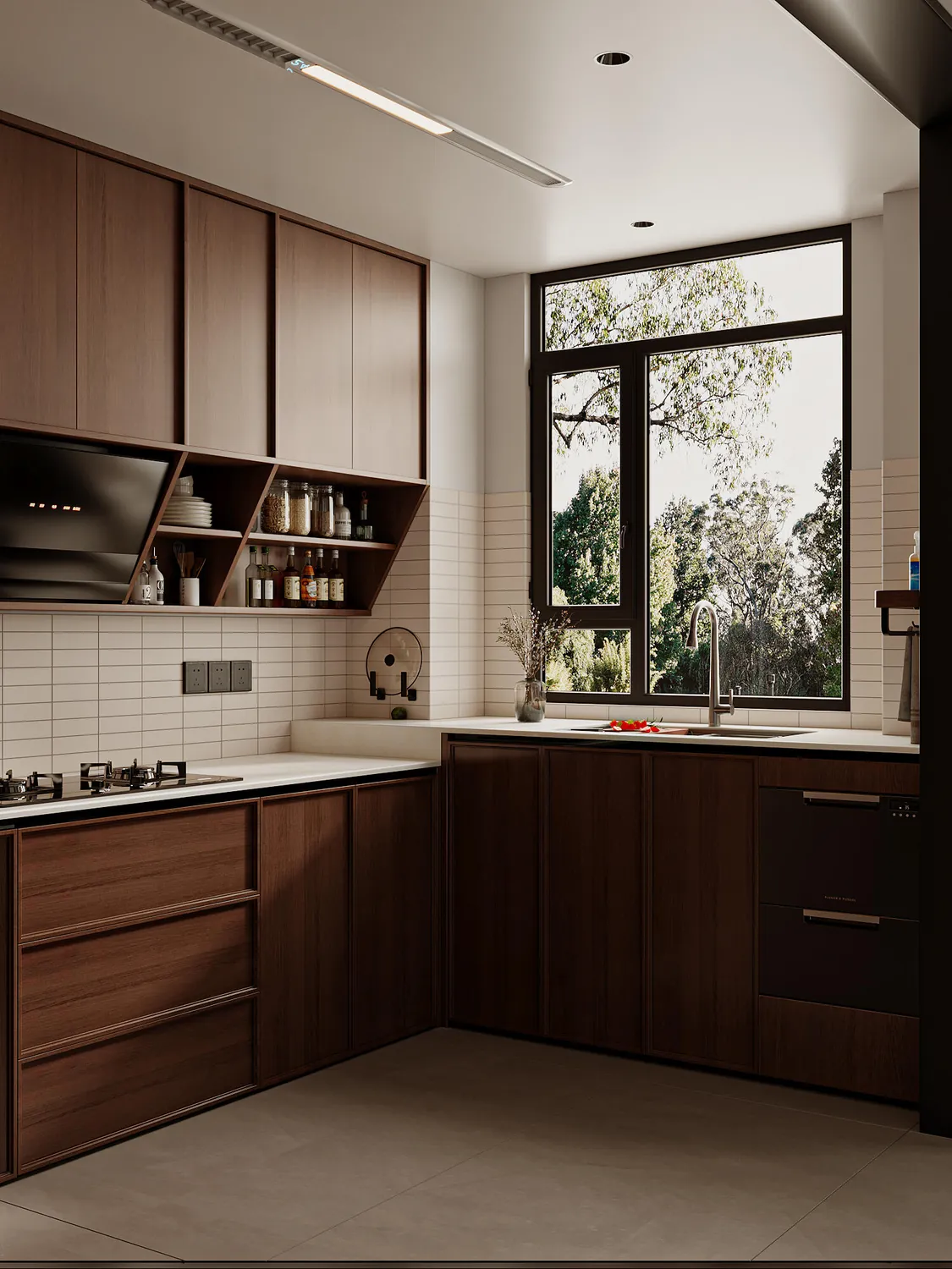 Warm Woodgrain L-Shaped Kitchen Cabinets