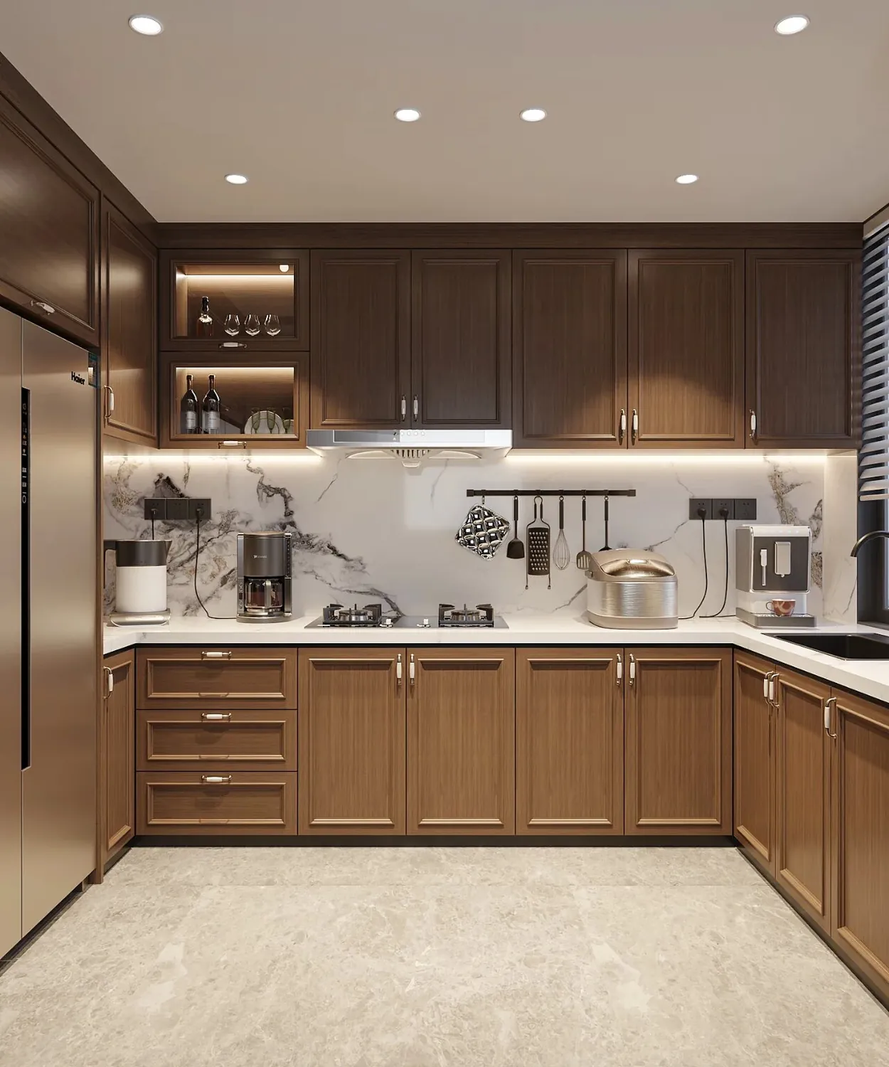 Warm Woodgrain Corner Kitchen Cabinets