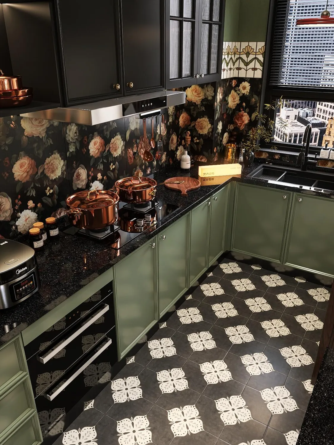 Deep Green Patterned Tile Kitchen Cabinets - design view 2