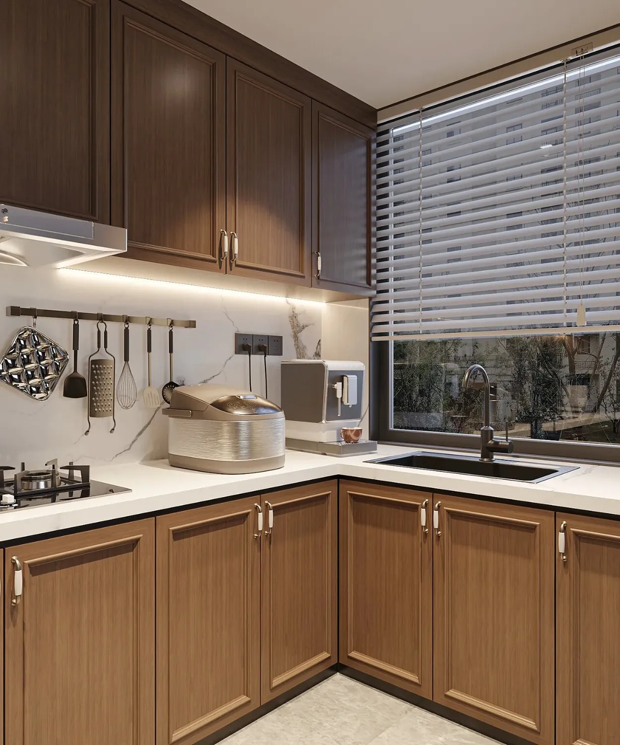 Warm Woodgrain Corner Kitchen Cabinets - design view 2