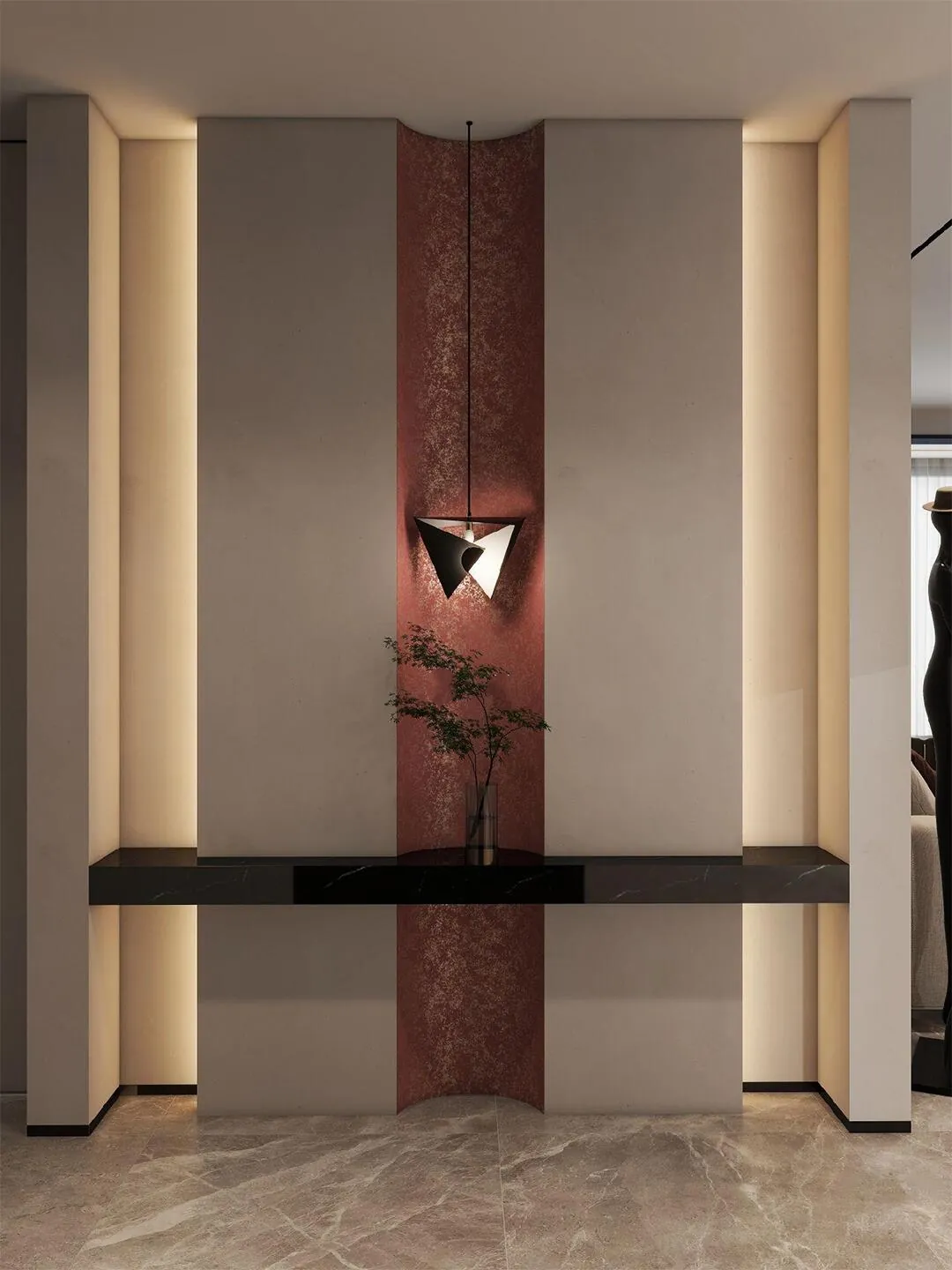Red Stone-Look Accent Entryway Cabinets
