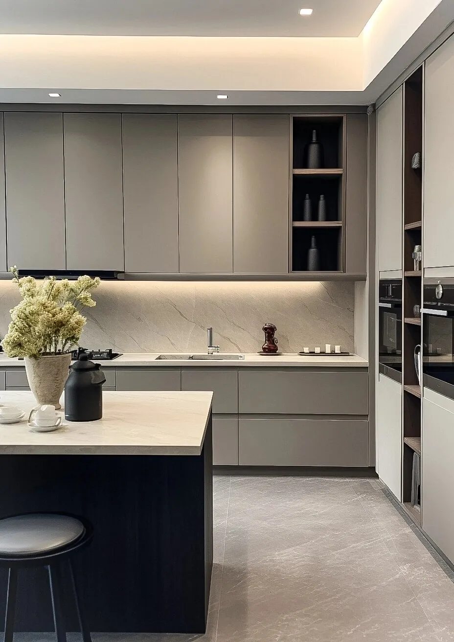 Soft Grey Handleless Kitchen Cabinets