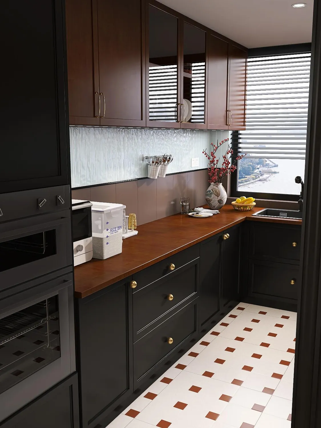 Dark Base and Woodgrain Kitchen Cabinets