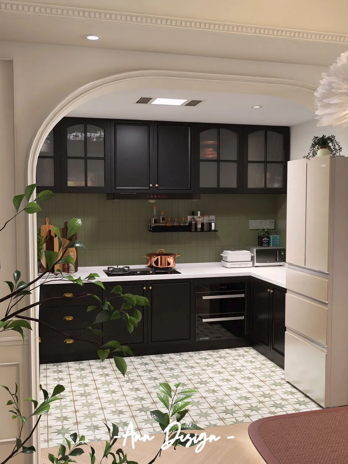 Green Arched Opening Kitchen Cabinets - design view 2