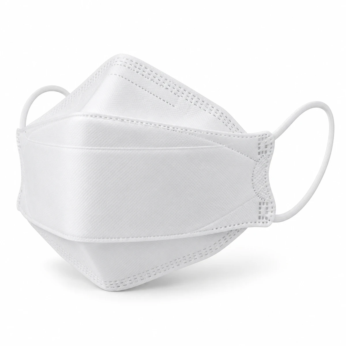 White 94-style face mask with horizontal folded panels and ear loops