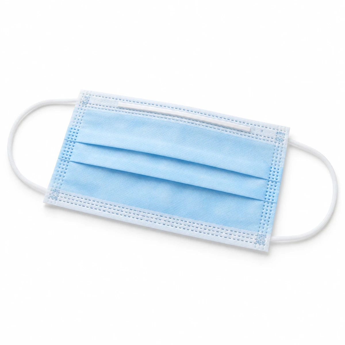 Blue flat face mask with pleats and ear loops on a white background